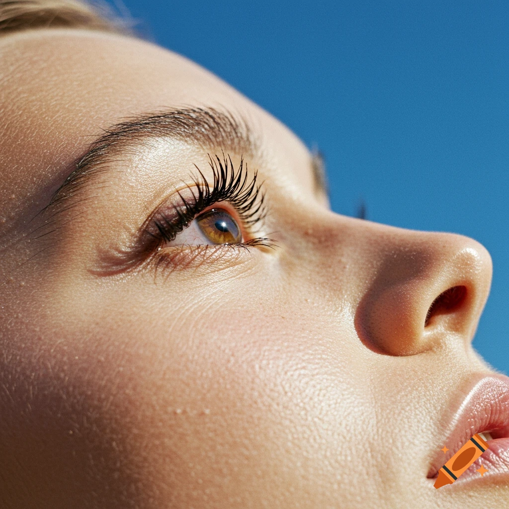 Close-up, side view of a young woman's face, looking up at a clear blue sky. Her eye has long dark lashes.