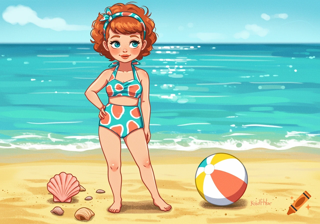 A cartoon girl with red curly hair in a retro two-piece swimsuit stands on a sandy beach with a beach ball and seashells.