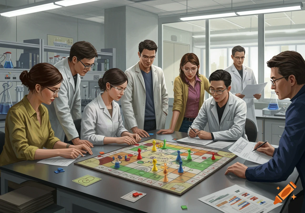 Group of diverse lab technicians and researchers playing a serious collaborative board game on statistical practices in a modern laboratory setting.