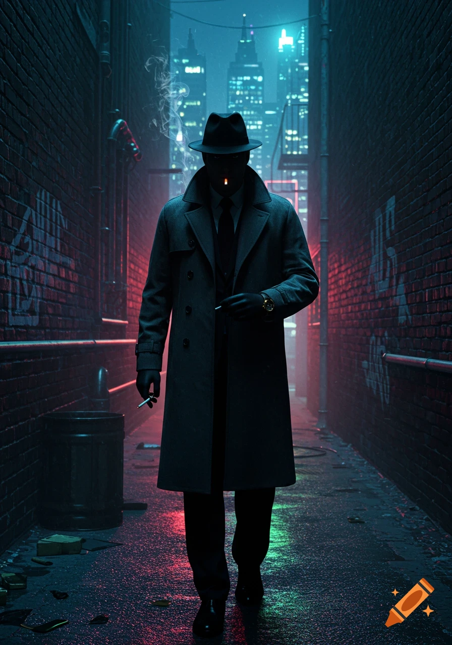 A shadowy man in a trench coat and fedora stands in a dark, wet city alley at night, smoking a cigarette, with neon lights in the background.