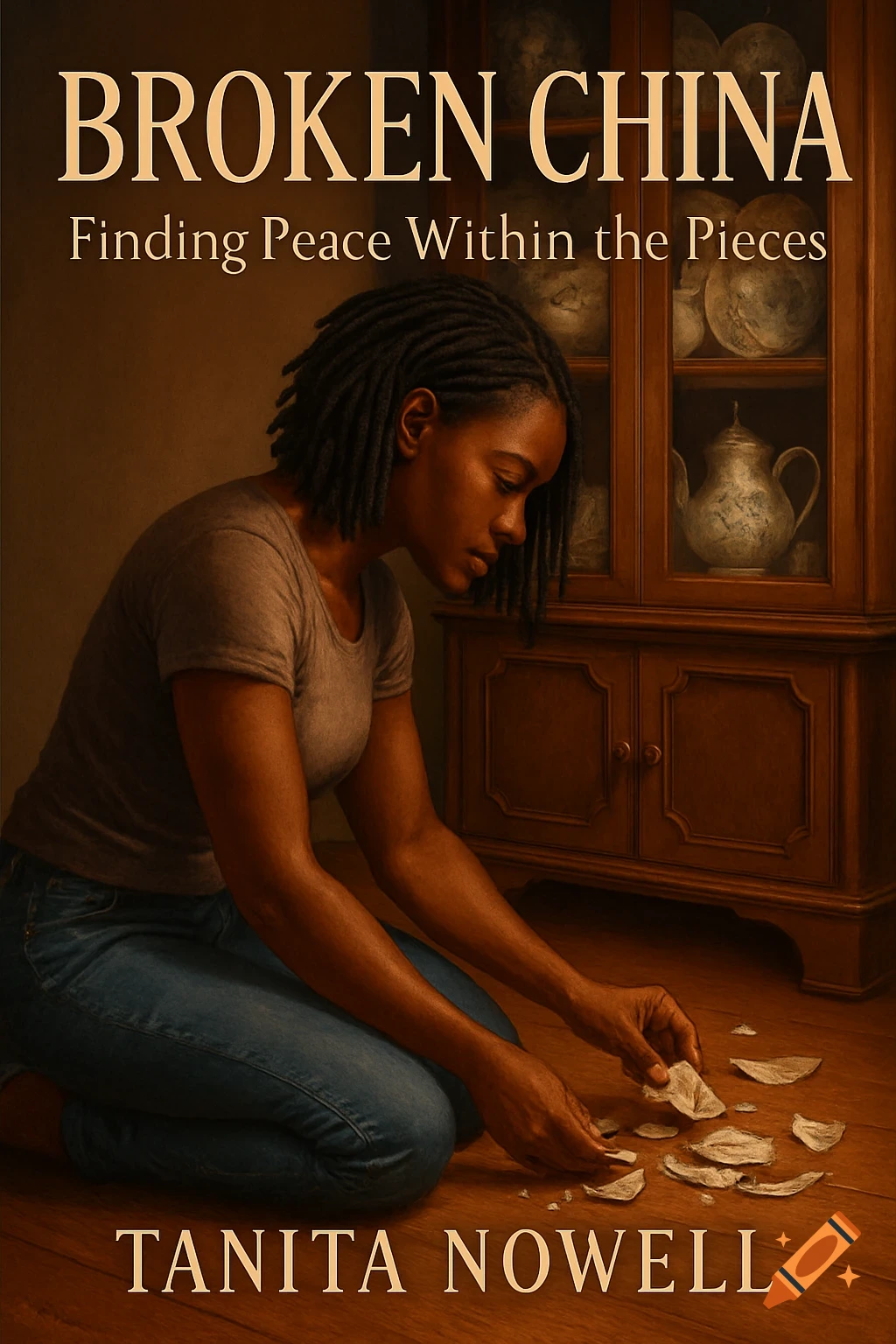 Photorealistic book cover of a dark-skinned woman with dreadlocks kneeling, picking up broken china pieces. Title: BROKEN CHINA.