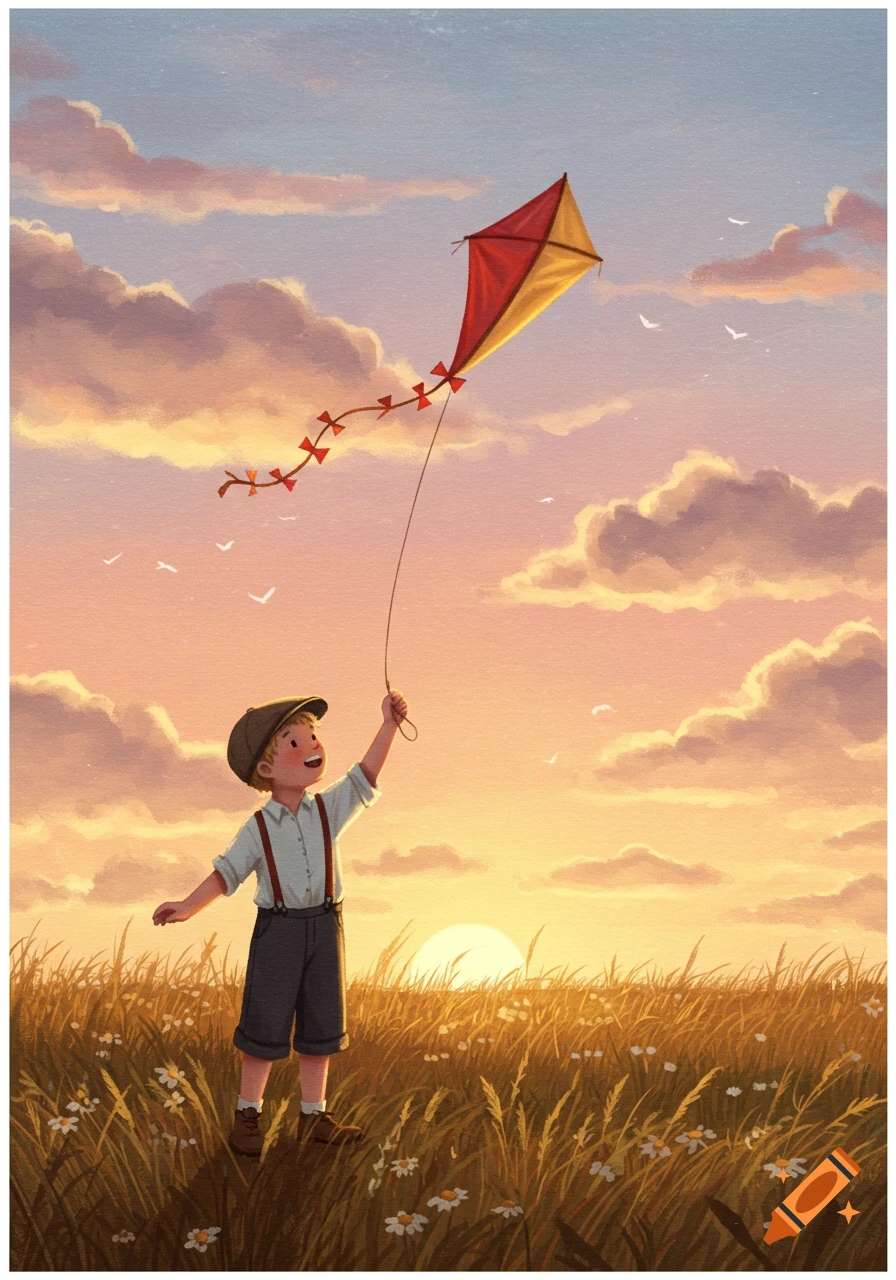 An illustration of a young boy flying a red and yellow kite in a grassy field at sunset.