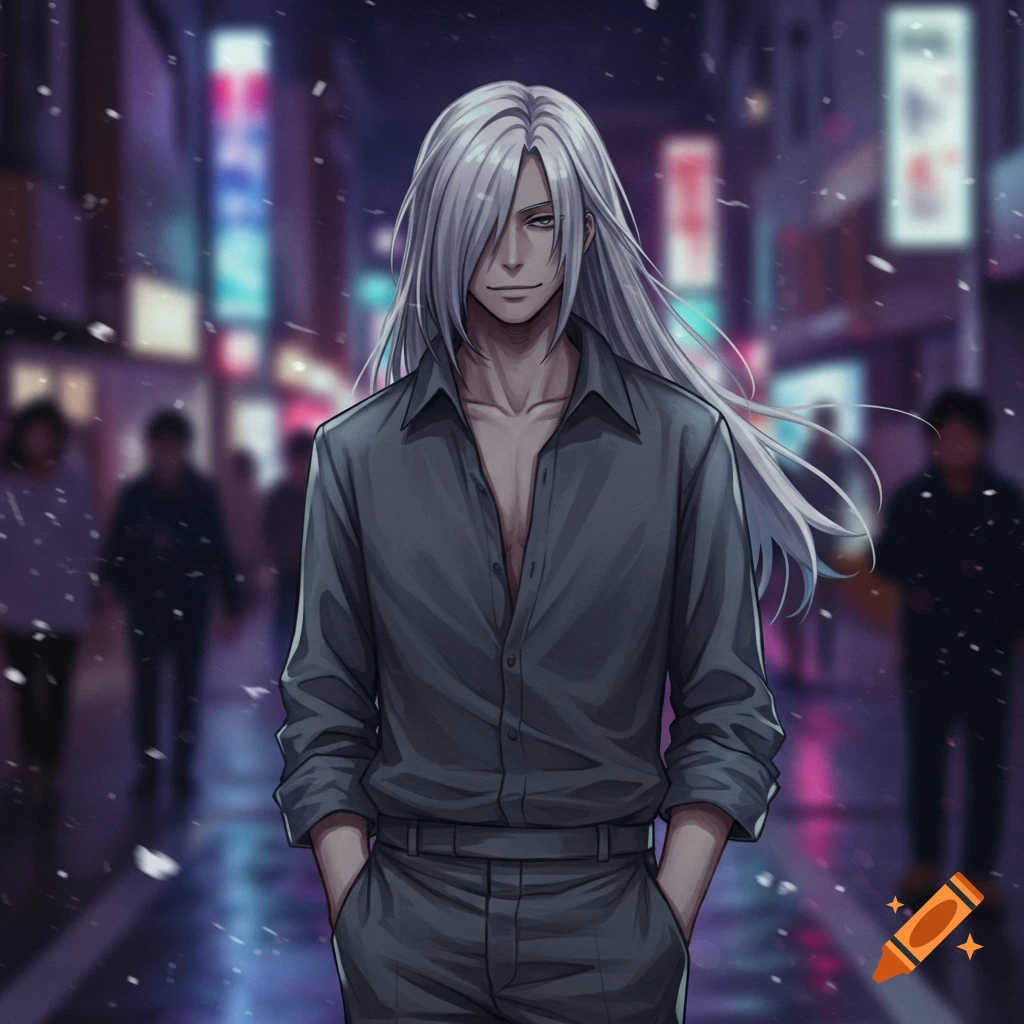 An anime-style character with long white hair and bangs covering one eye stands on a snowy city street at night, wearing a gray shirt and pants.