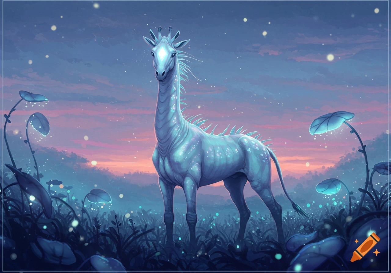 A glowing blue fantasy creature with a long neck and spikes stands in a mystical field of luminous plants under a twilight sky.