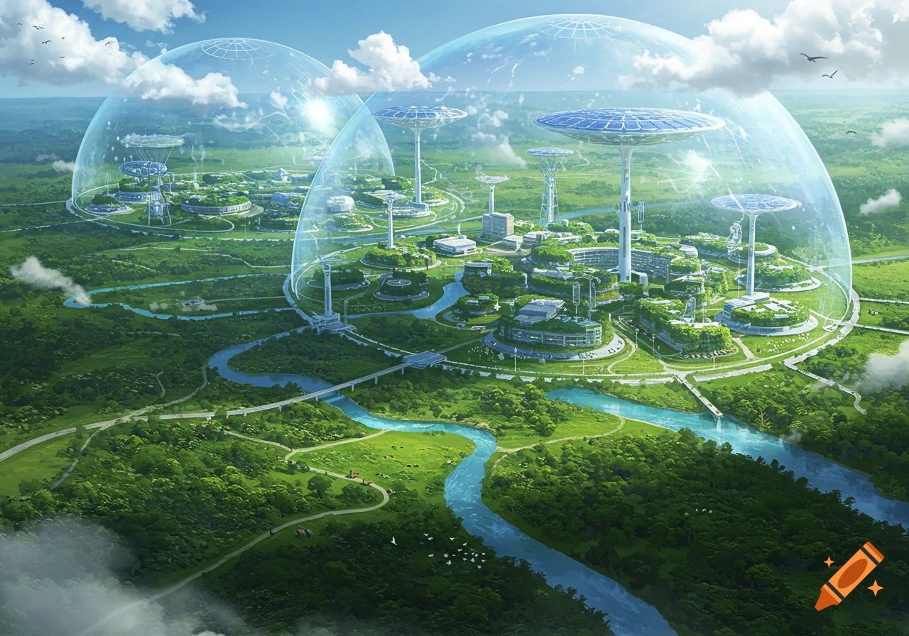 Aerial view of a lush green landscape featuring multiple domed, futuristic cities with eco-friendly architecture and solar panels.