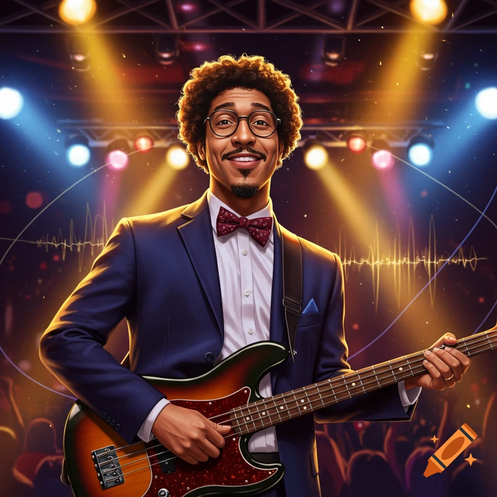 A smiling man with an afro and glasses plays a bass guitar on a brightly lit concert stage with a cheering crowd.