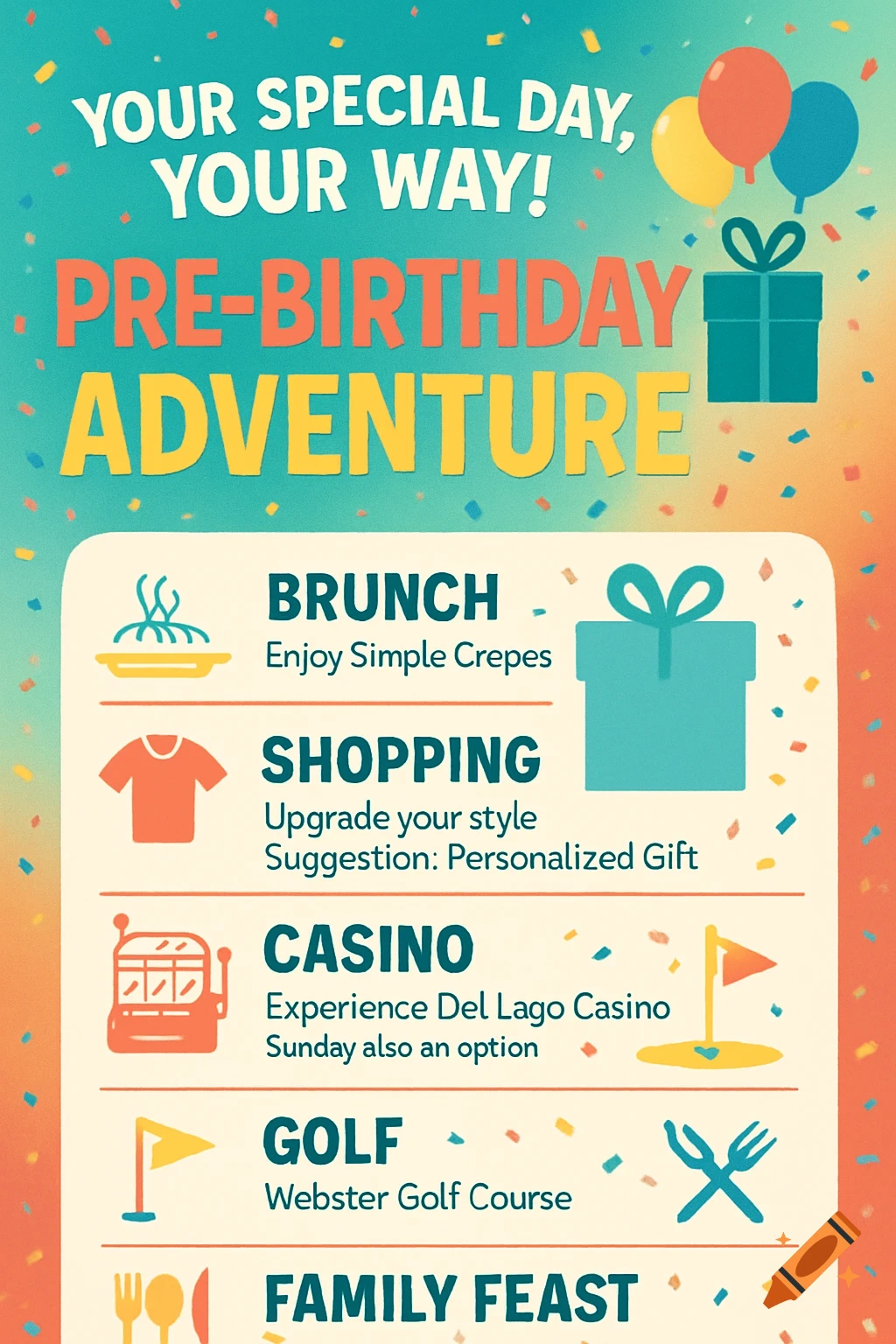 A colorful graphic for a "Pre-Birthday Adventure" event, featuring a schedule of activities like brunch, shopping, casino, golf, and family feast, with icons and confetti.