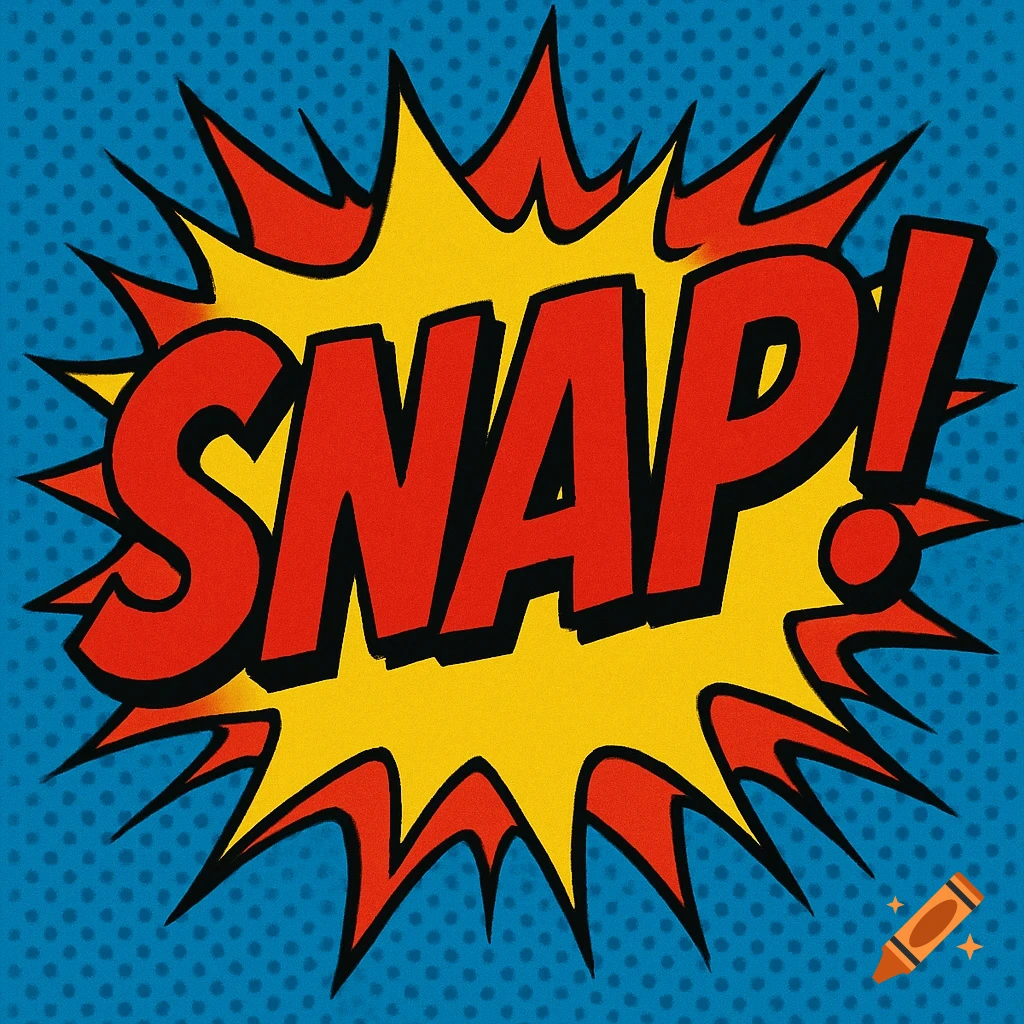 A comic book style yellow and red explosion bubble with the word 'SNAP!' in bold red letters on a blue halftone background.