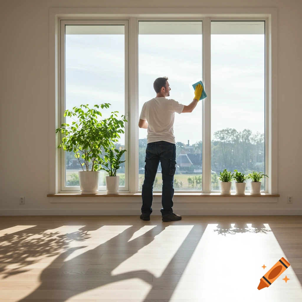A man cleaning a large window in a bright, modern room with houseplants.
