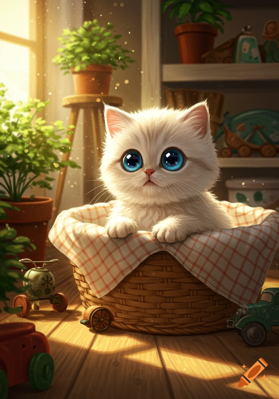 A fluffy white kitten with large blue eyes sits in a woven basket with a plaid cloth, surrounded by house plants and toys, bathed in warm sunlight.