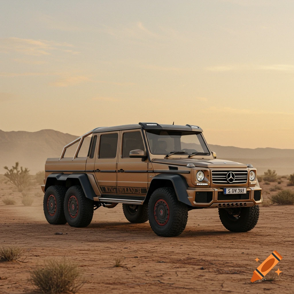 A gold Mercedes-Benz G-Wagon 6x6 SUV drives on a dirt road in a desert landscape under a hazy sunset sky.
