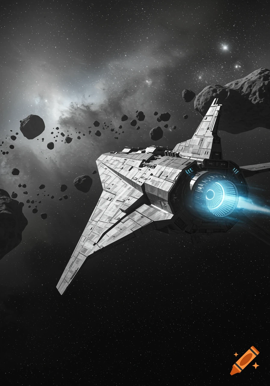 A gray wedge-shaped spacecraft with a glowing blue engine exhaust flies through a dense asteroid field in deep space.