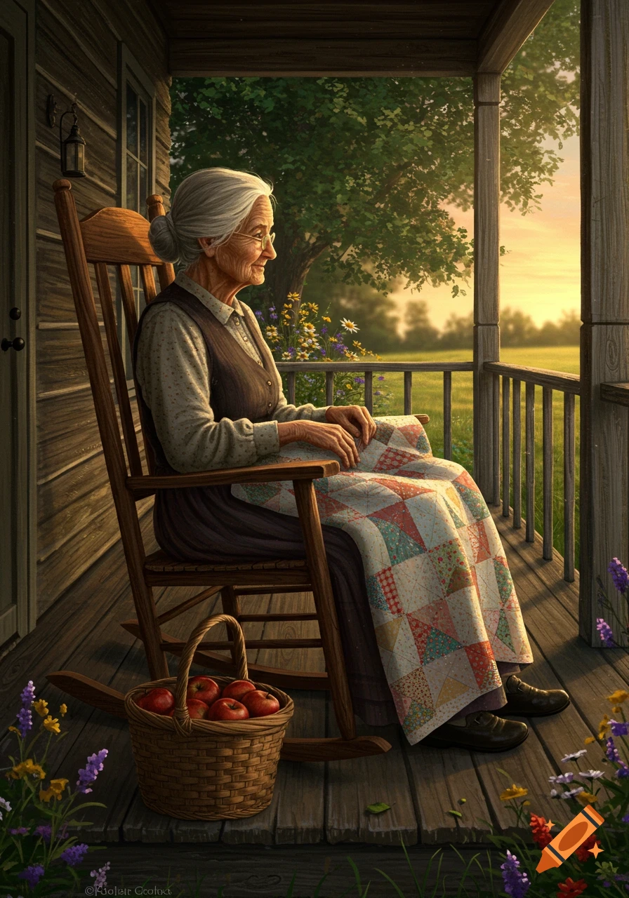 Elderly woman sitting in a rocking chair on a wooden porch, covered by a quilt, with a basket of apples and flowers nearby, overlooking a field at sunset.