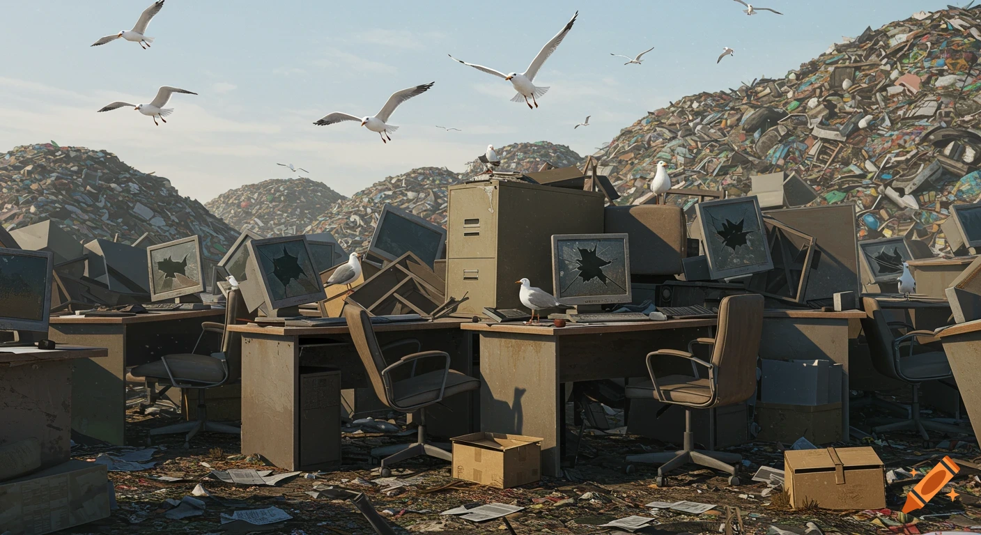 A landfill with towering piles of discarded office furniture, including desks, chairs, and broken computers, under a clear sky with seagulls.