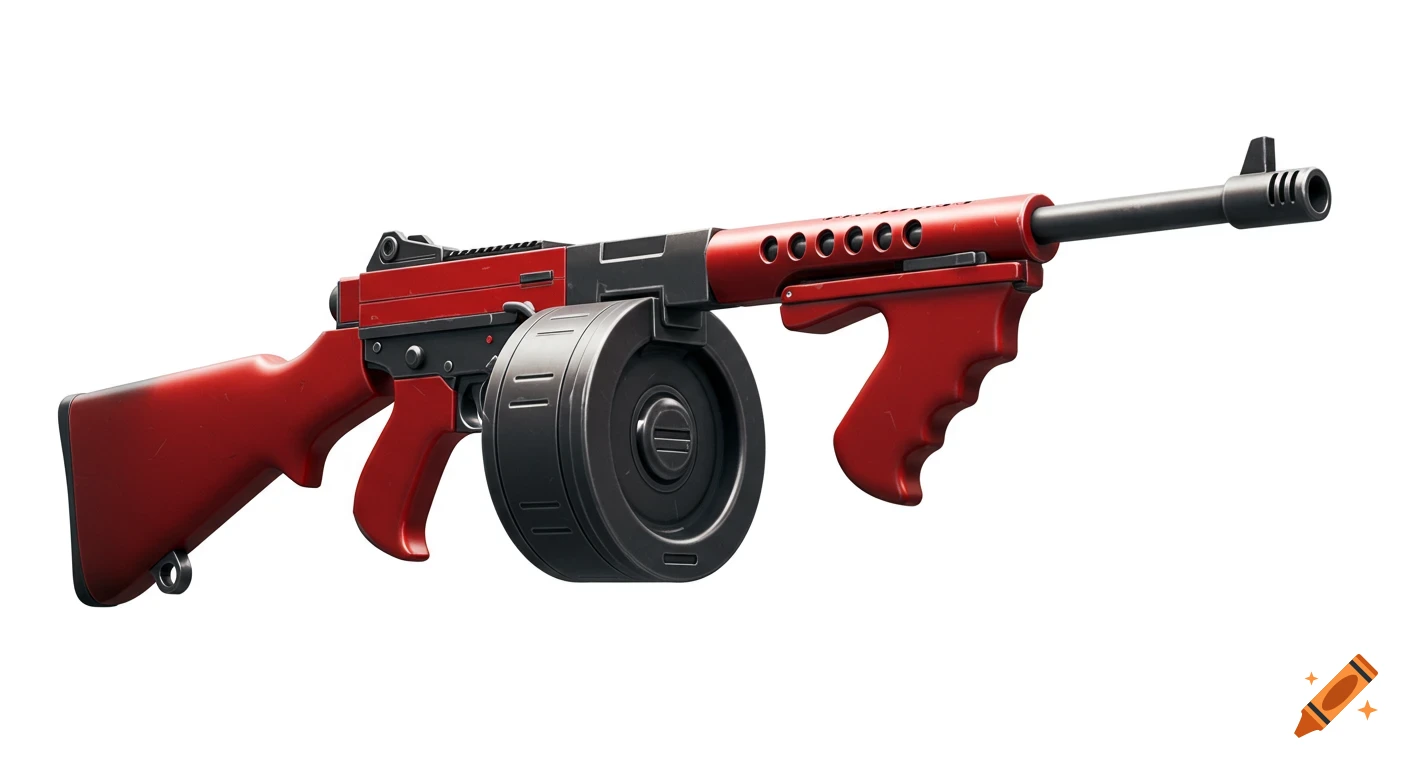 A stylized red and black Thompson M1928 submachine gun with a drum magazine on a white background.