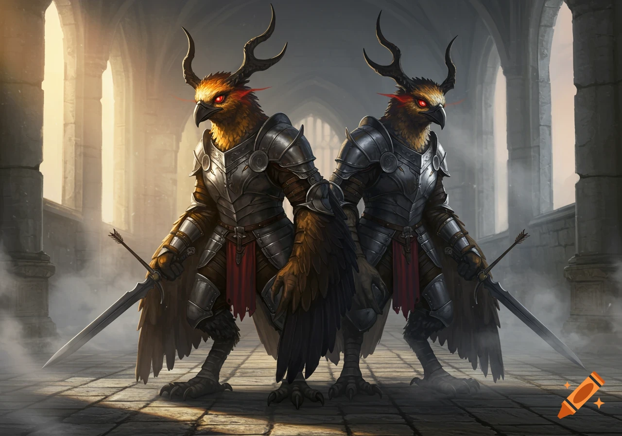 Two horned anthropomorphic birds in steel armor, holding swords, stand in a grand castle hallway with light streaming through arches.