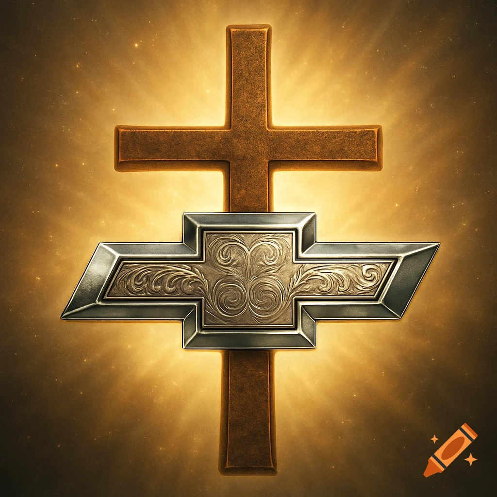Golden Christian cross with a silver Chevrolet bow tie logo featuring an ornate filigree design, against a glowing, starry background.