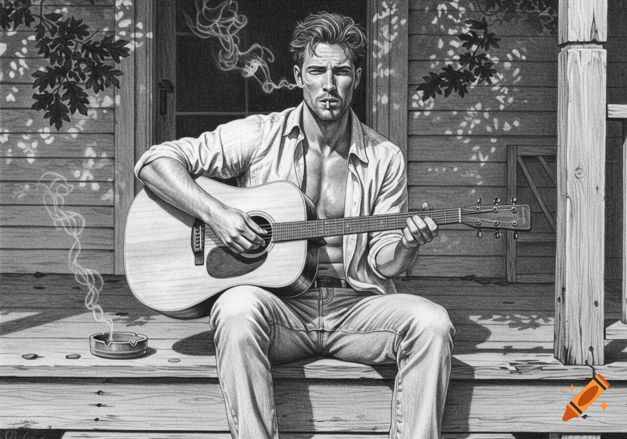 Pencil drawing of a man with an open shirt, smoking a cigarette and playing an acoustic guitar on a wooden porch.