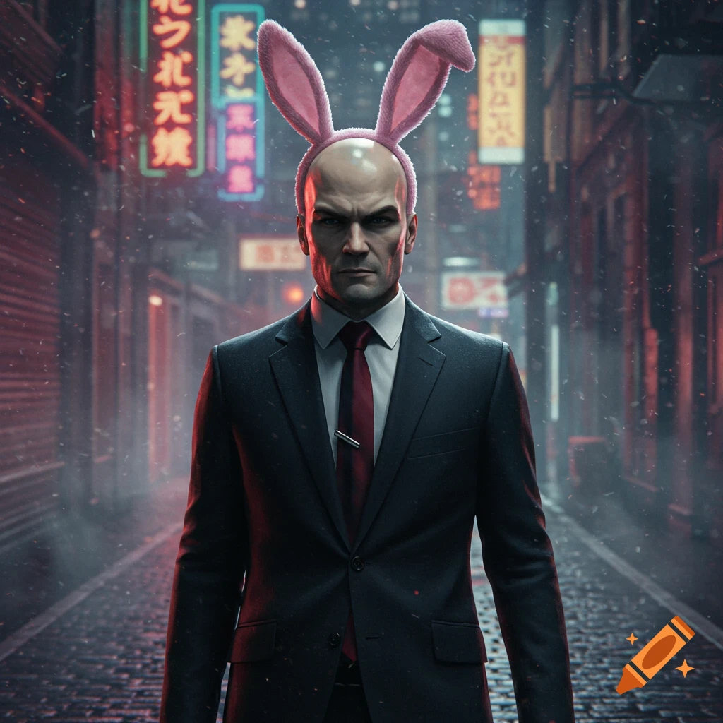 Agent 47 in a dark suit with a red tie and pink bunny ears stands in a neon-lit, rainy city street.