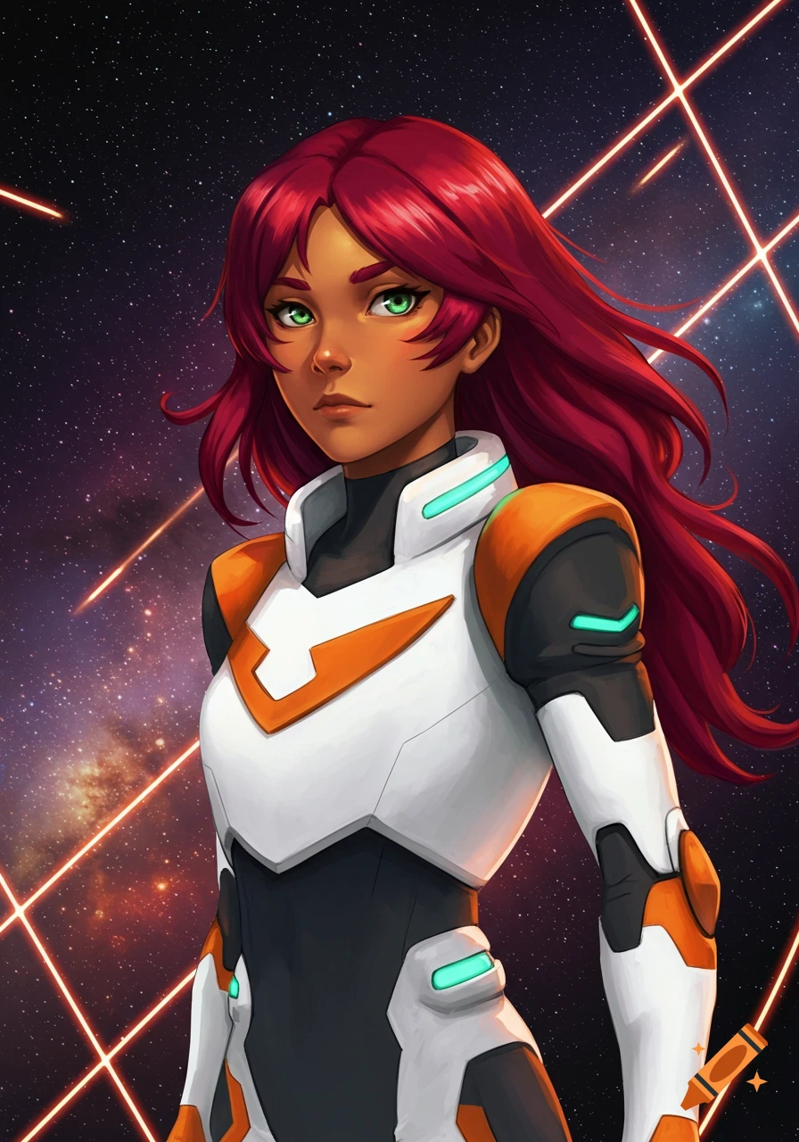 A girl with red hair and green eyes in white and orange sci-fi armor stands against a starry space background with red light lines, in an anime style.
