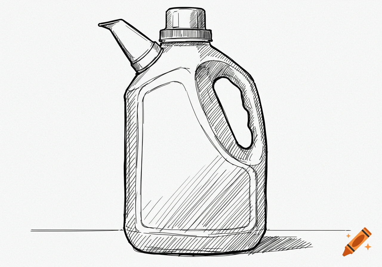 A black and white sketch of a laundry detergent bottle with a pouring spout.