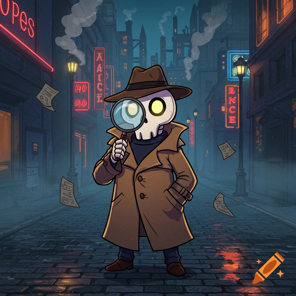 A cartoon skeleton detective in a trench coat and fedora holds a magnifying glass on a dark city street at night.