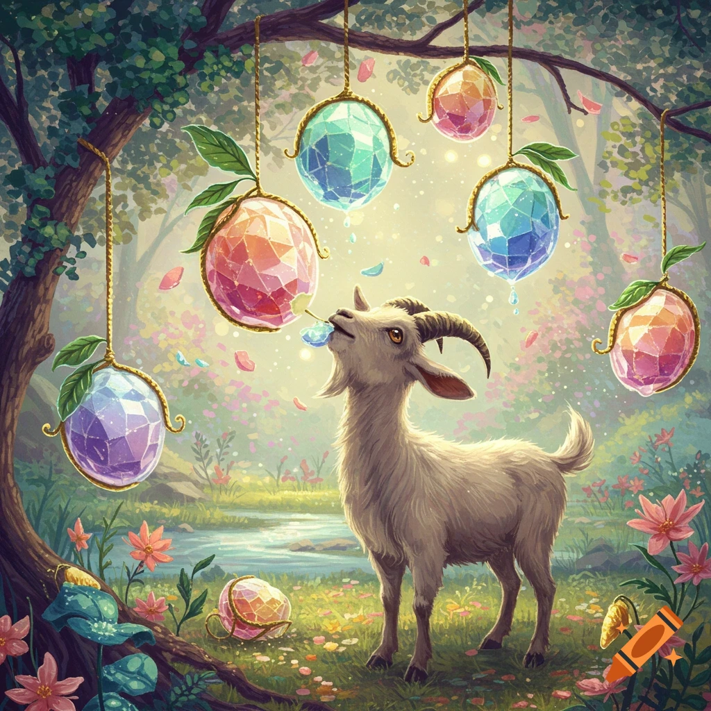 A whimsical goat in a sparkling fantasy forest, looking up to eat a glowing crystal fruit, with more colorful crystal fruits and flowers around.