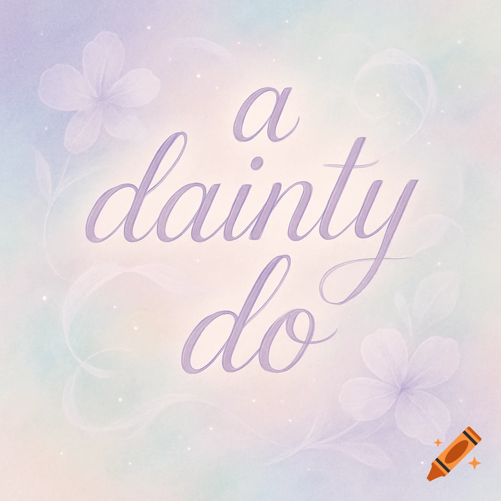 The words 'a dainty do' in purple cursive font on a pastel watercolor background with faint floral patterns.
