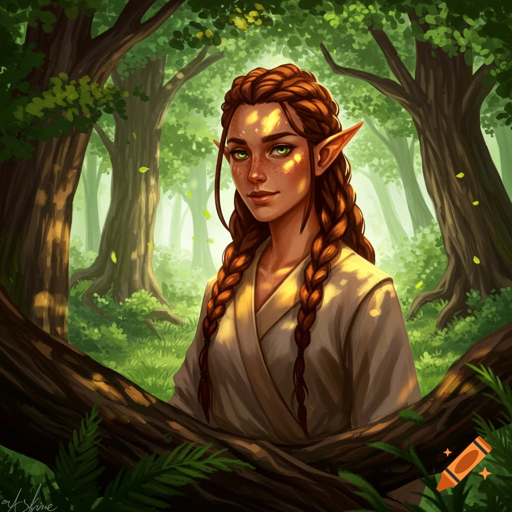 A female wood elf with green eyes and auburn braids stands in a sunlit forest, wearing a simple robe, in a digital painting style.