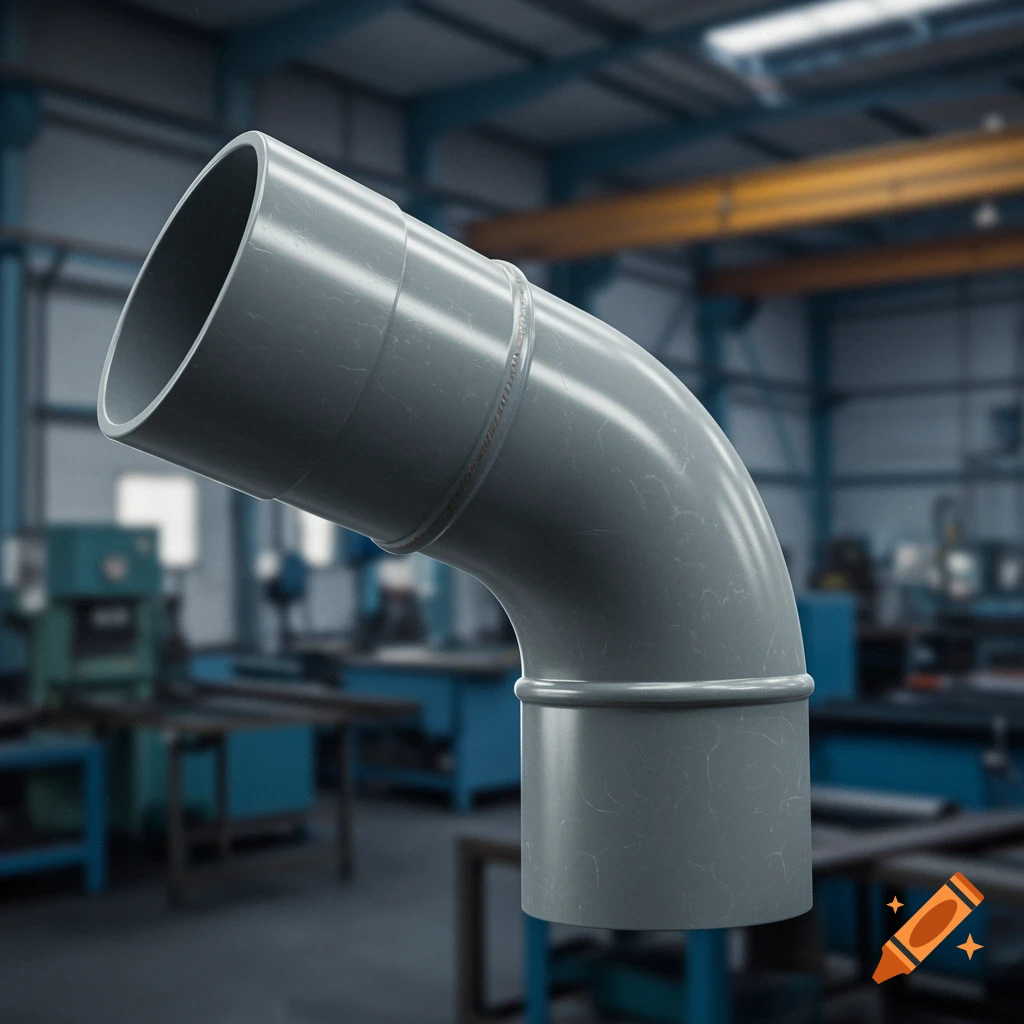 A grey PVC pipe elbow against a blurred industrial background.