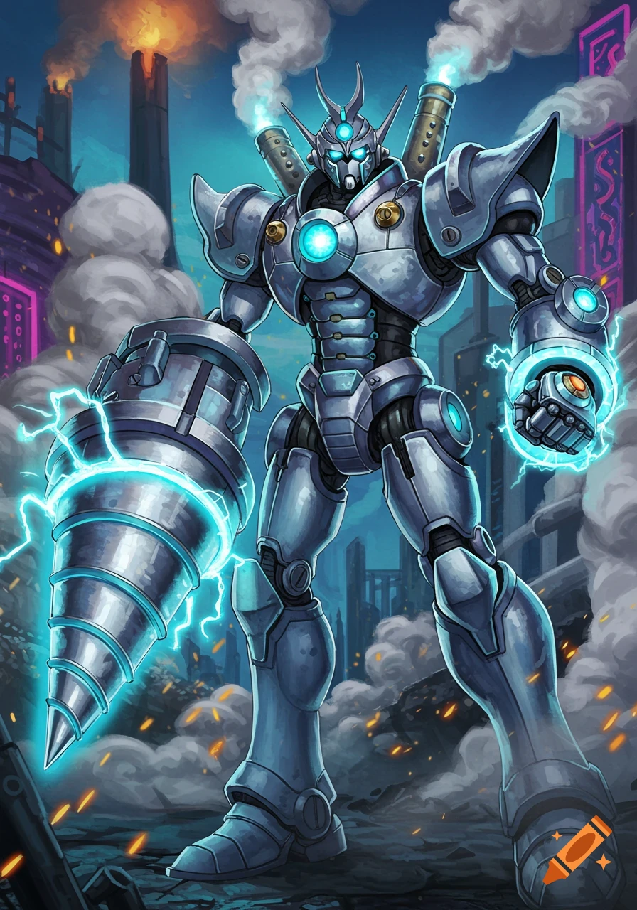 A powerful silver mecha robot with glowing blue accents stands in a city, holding a large drill arm that sparks with electricity.
