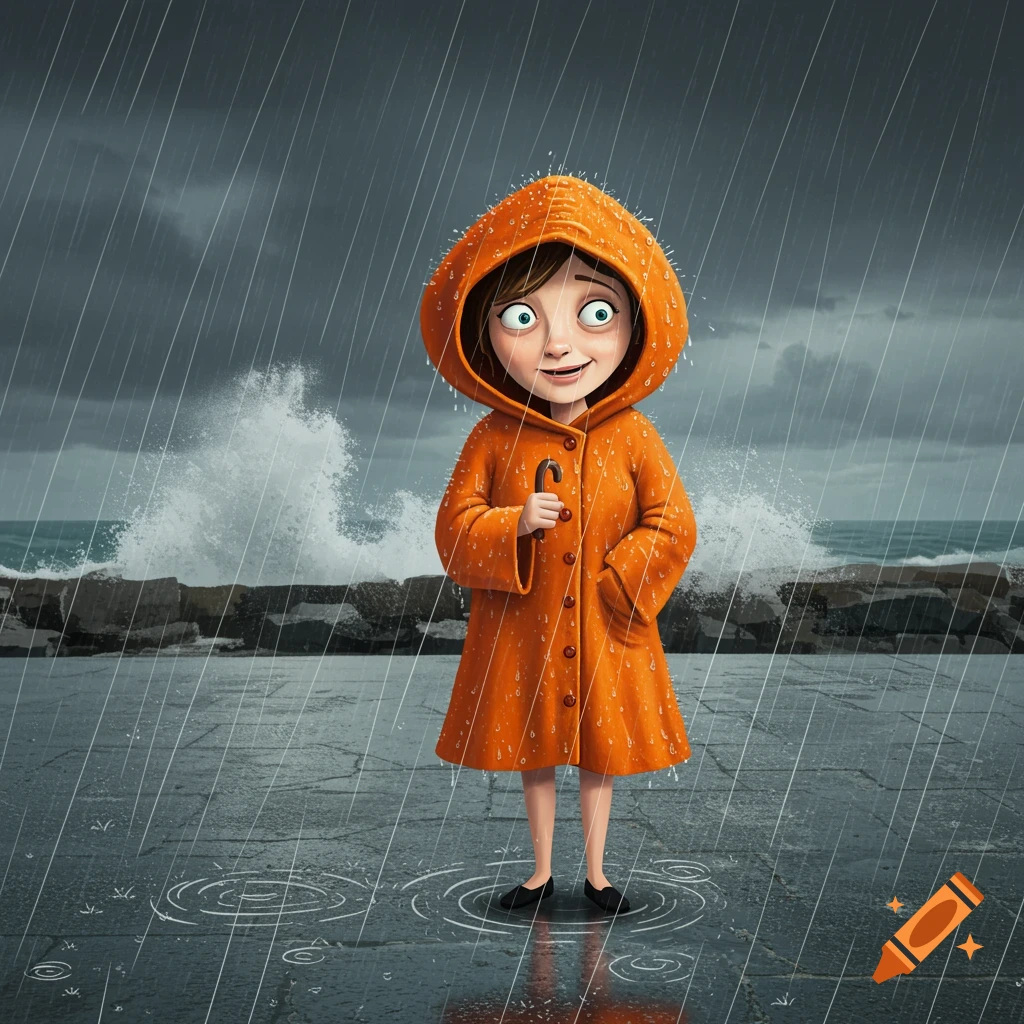 Cartoon girl in orange raincoat holding an umbrella in pouring rain by a stormy sea.