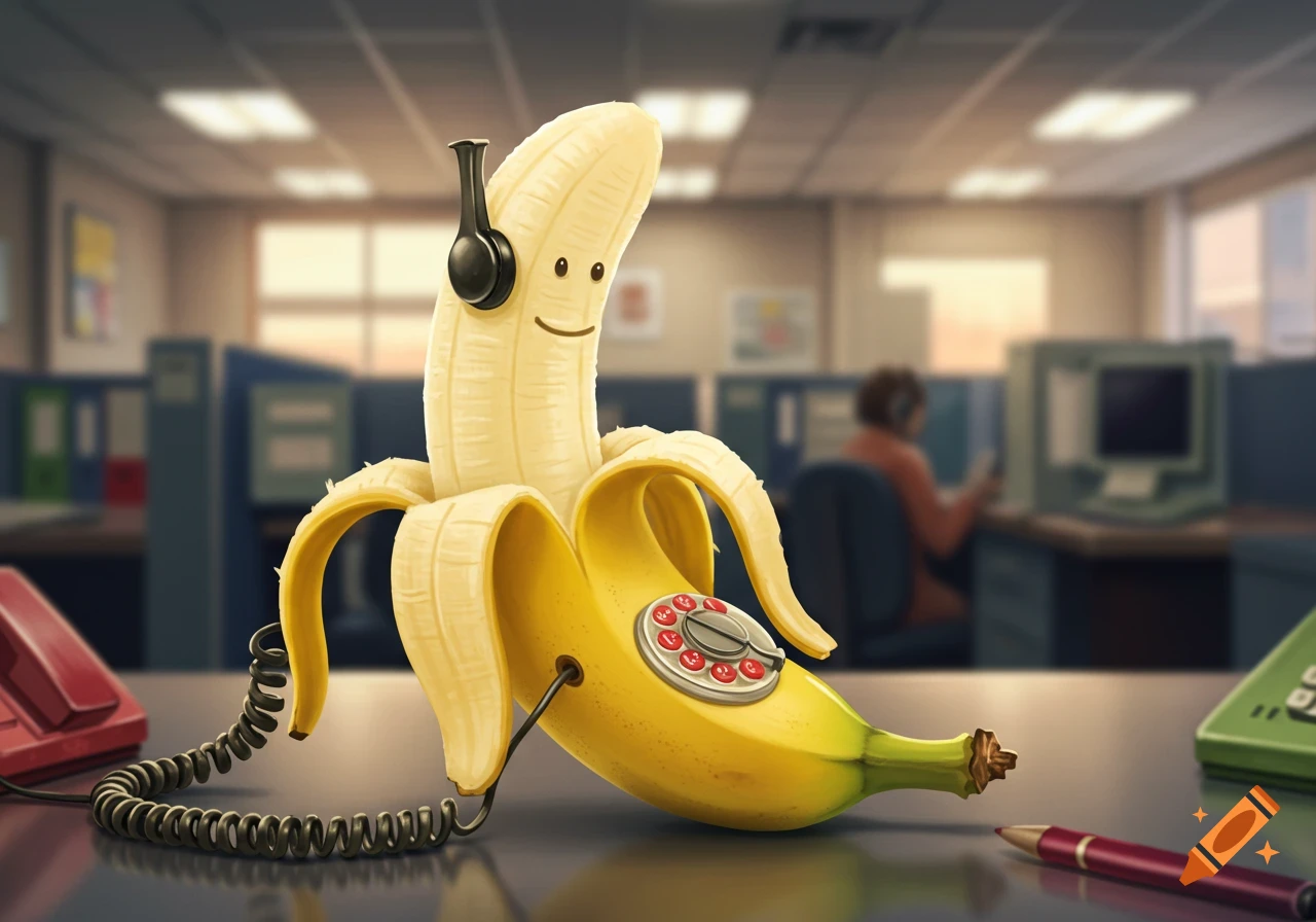 A whimsical cartoon banana character with a face and headphones serves as a rotary phone on an office desk.