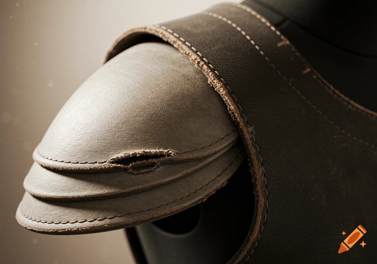 Close-up photorealistic shot of a ripped brown leather shoulder pad with visible stitching and textured surface.