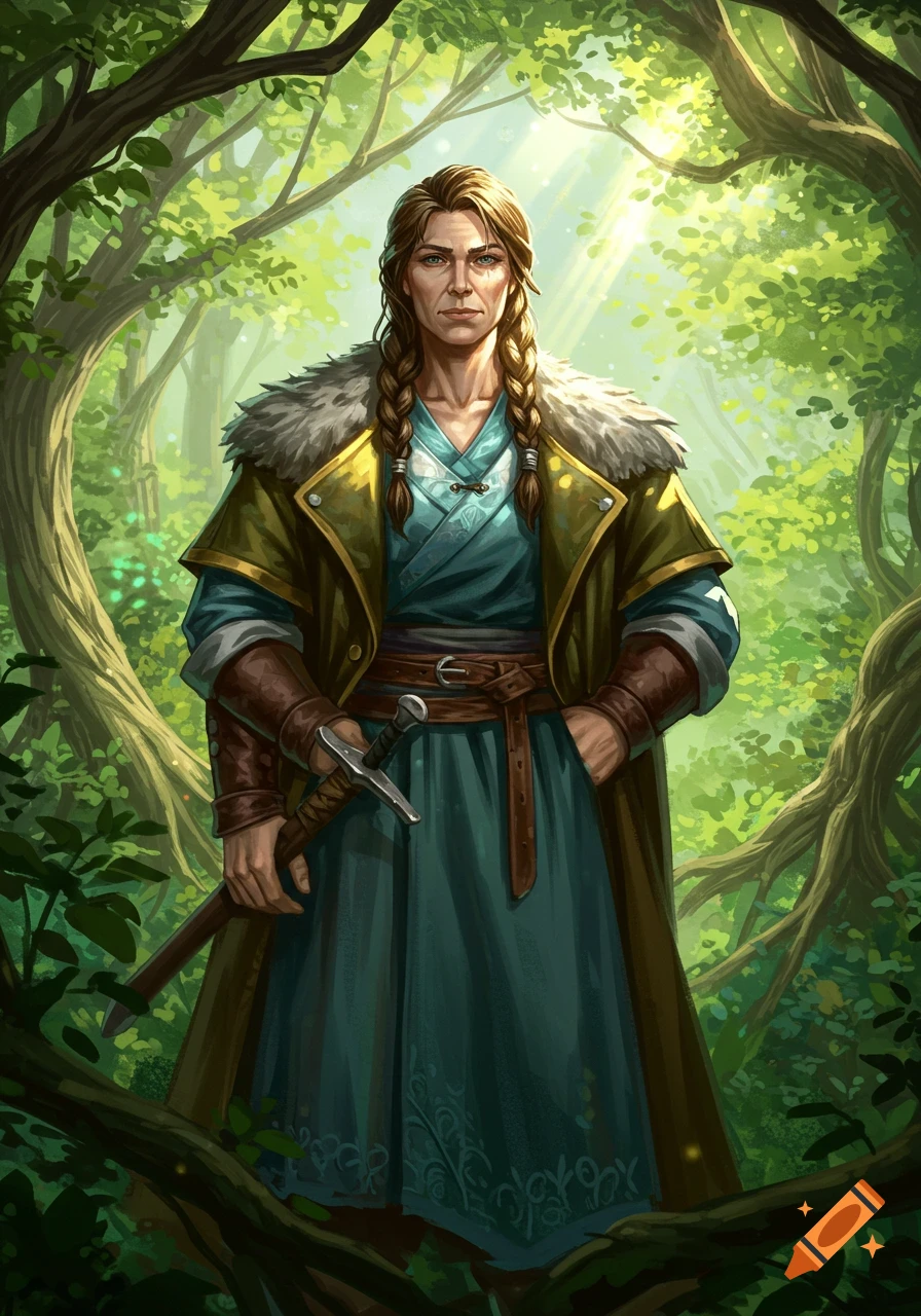 A fantasy illustration of a stern-looking female warrior with braided hair, wearing a fur-collared coat and holding a sword in a lush forest.