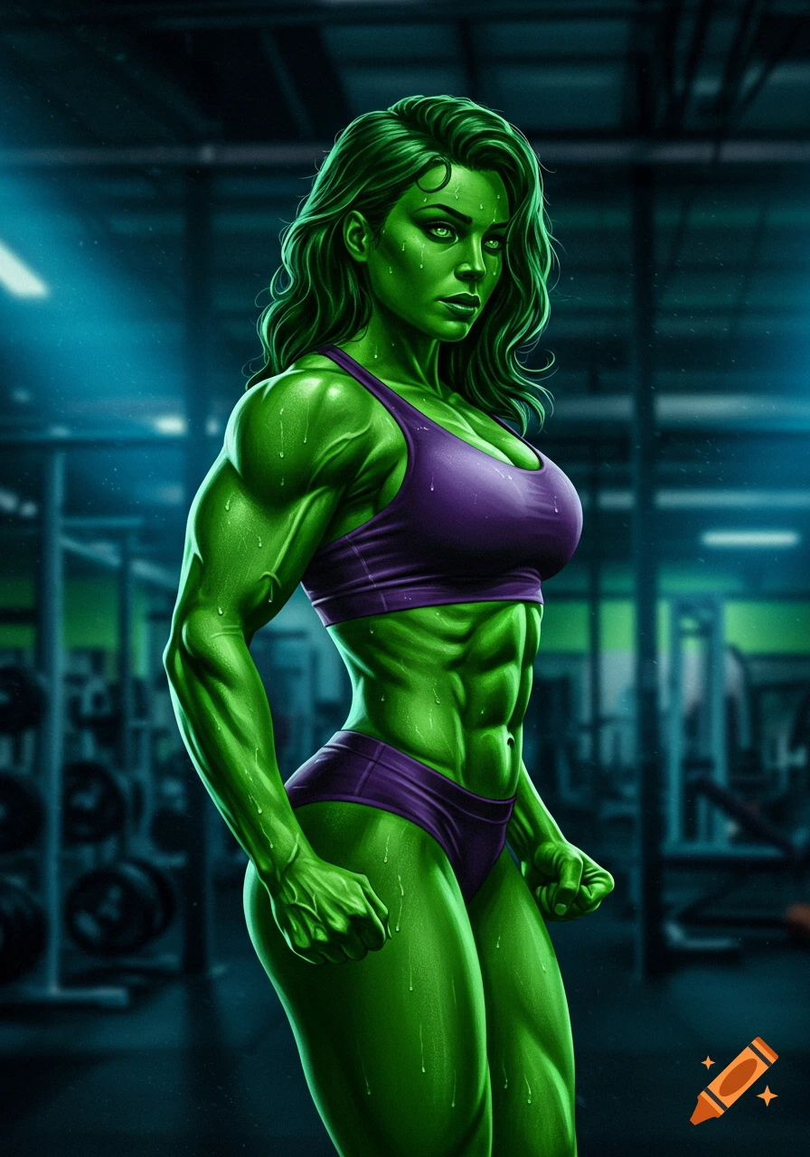 Muscular green-skinned woman resembling She-Hulk in a purple sports bra and shorts, flexing in a gym, comic book style.