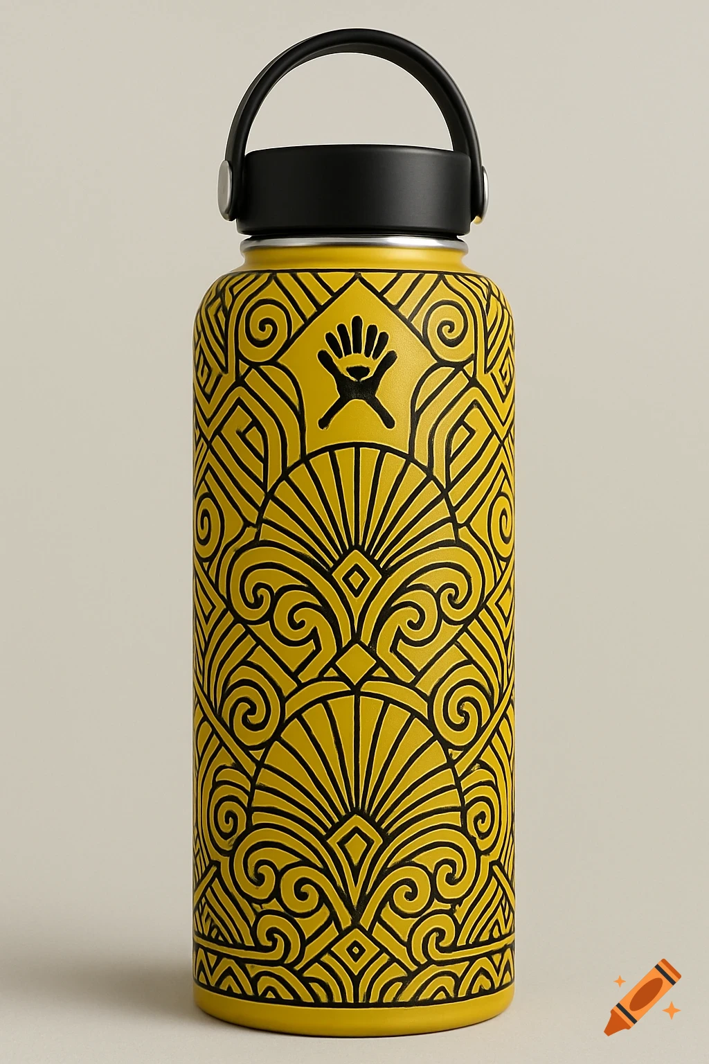 A yellow Hydro Flask water bottle with intricate black Art Deco patterns.