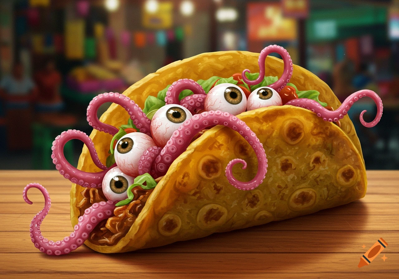 Stylized image of a taco filled with pink tentacles and eyeballs on a wooden table.