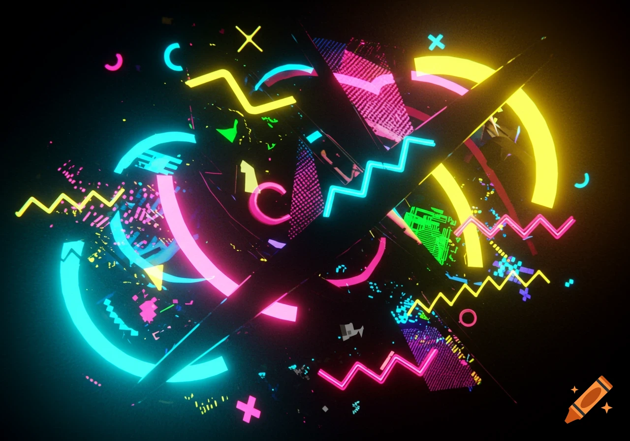 Vibrant neon retro abstract graphic art with geometric shapes and lines on a dark background.