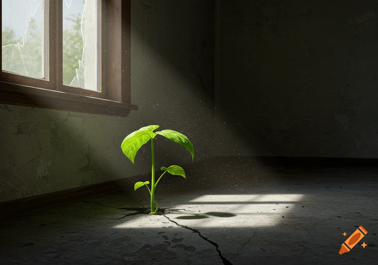 A vibrant green sprout with large leaves grows from a crack in a concrete floor, bathed in a sunbeam from a broken window in a dark room.