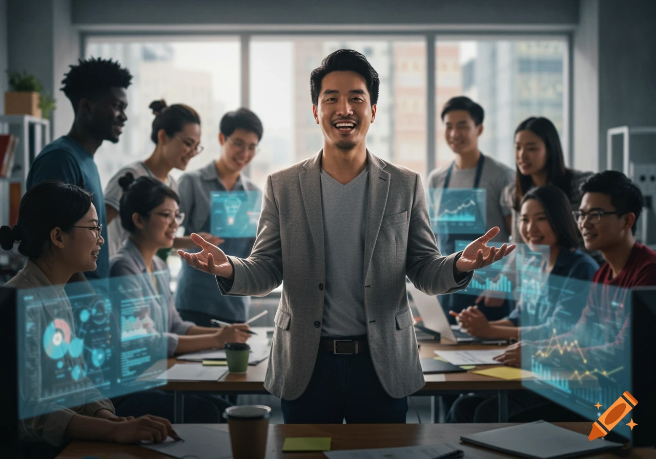 A smiling Asian man gestures while surrounded by a diverse team in a modern office with holographic data displays.