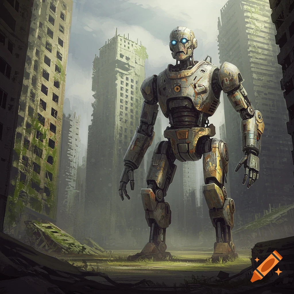 A rusty, metallic robot with glowing blue eyes stands amidst the crumbling ruins of a city under a cloudy sky.