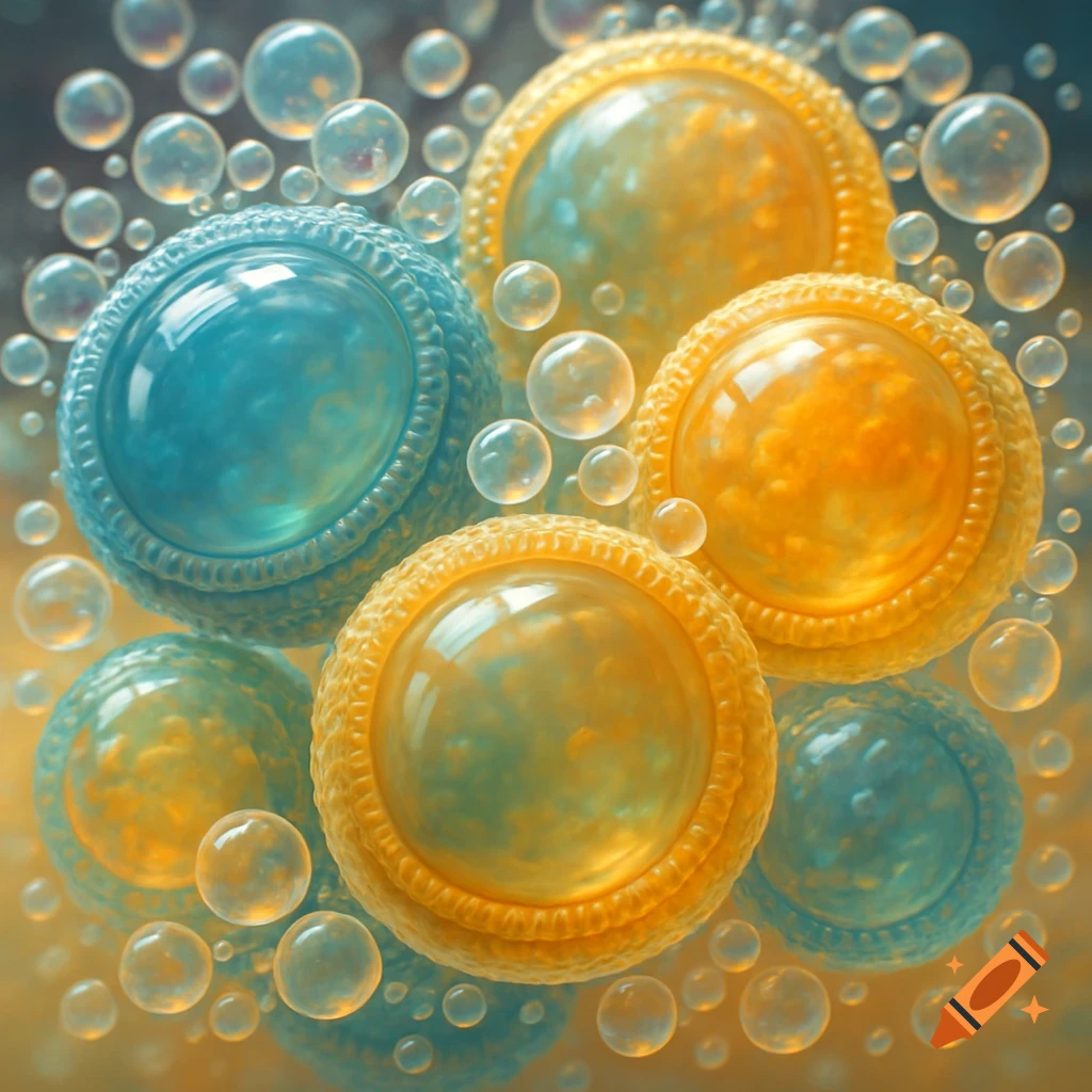 Close-up of numerous colorful, glossy spherical structures resembling lipid vesicles, surrounded by many smaller, clear bubbles.