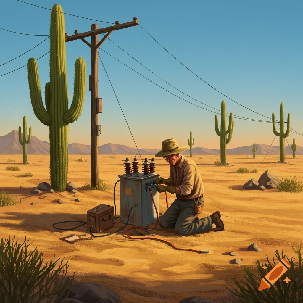 An old man kneels in a sandy desert, working on a power transformer next to a utility pole and tall cacti under a clear sky.