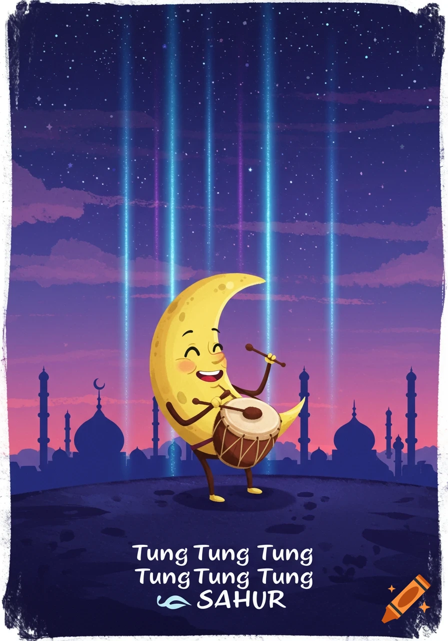 A cartoon crescent moon playing a drum on a dark ground with mosque silhouettes under a starry night sky with blue light beams.