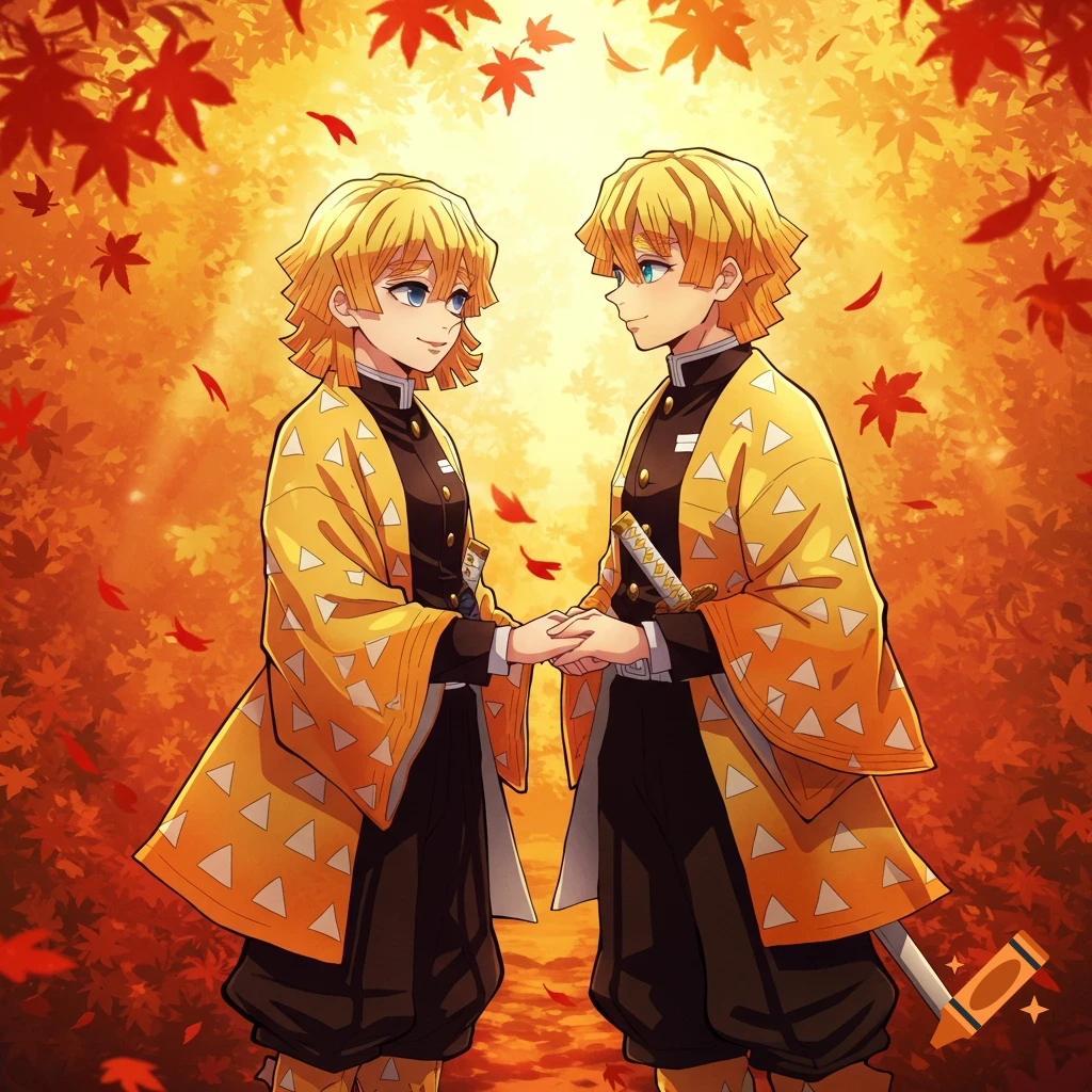 Two anime characters resembling Zenitsu from Demon Slayer hold hands in an autumn forest with red leaves.