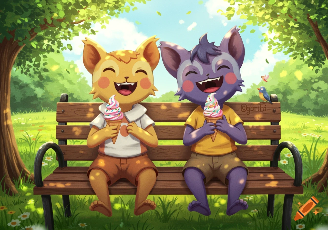 Two happy cartoon cat-like characters sit on a park bench, laughing and eating colorful ice cream.