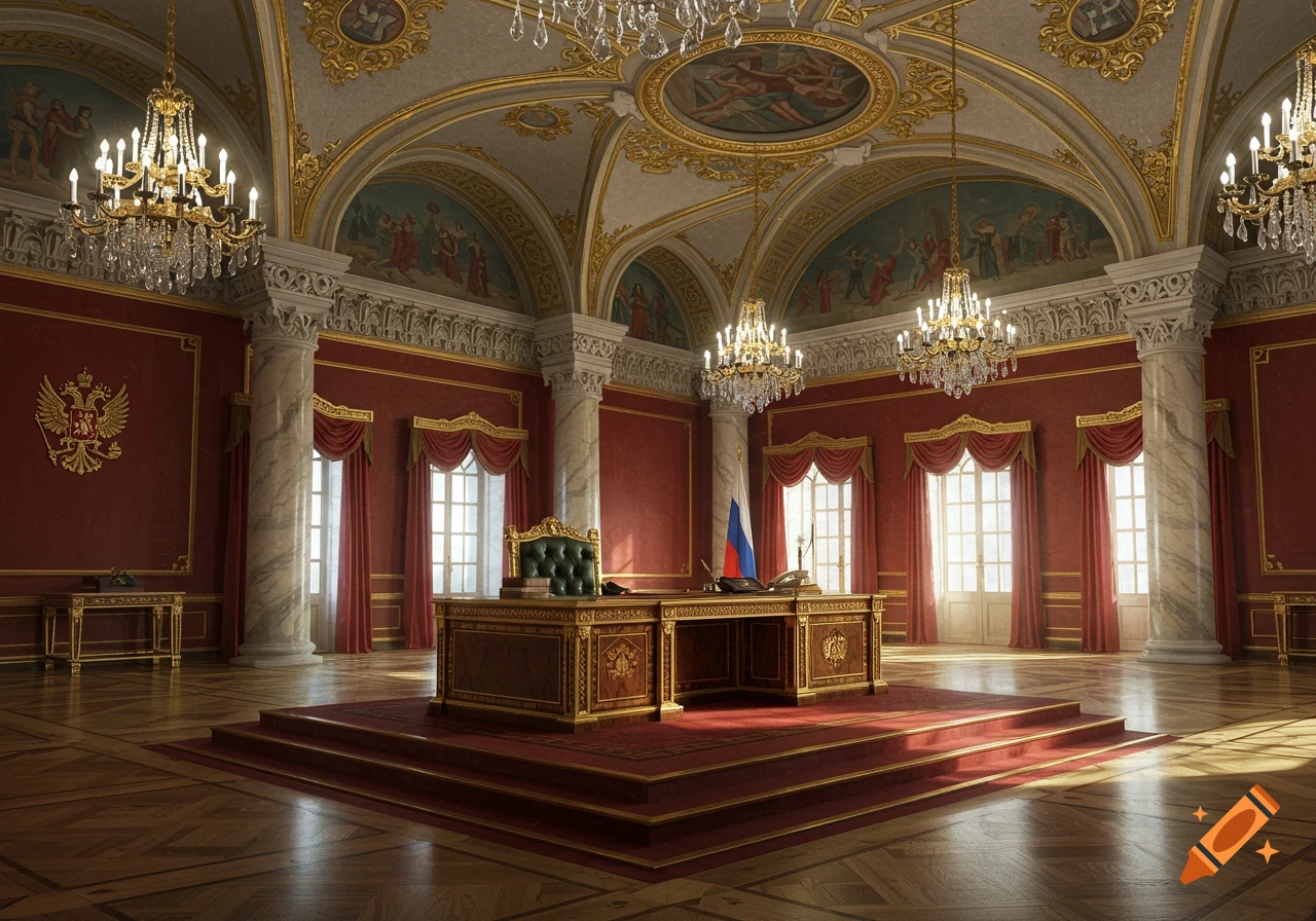A grand, opulent throne room with a large presidential desk on a raised red carpet. The room features high ceilings, ornate gold trim, crystal chandeliers, red walls, and tall windows.