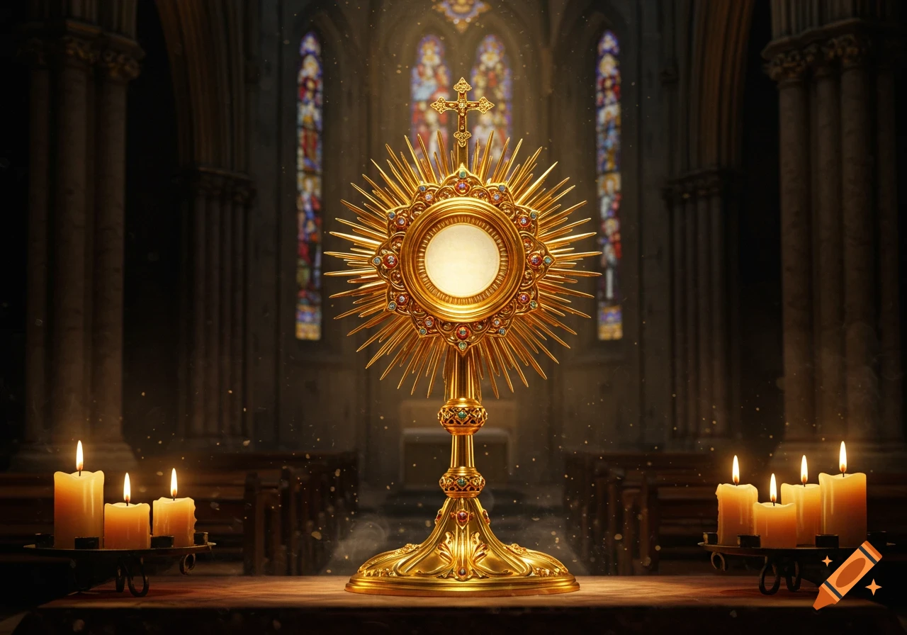A golden monstrance with a cross on top, illuminated by sunlight, stands on a table with lit candles in a dimly lit church.