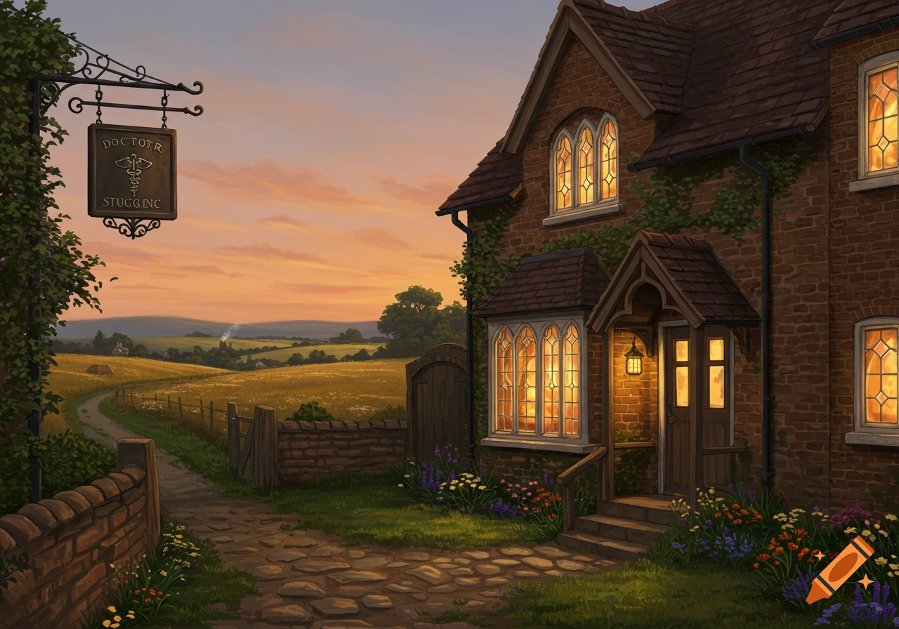 A quaint brick house with glowing windows at sunset, a sign reading 'DOCTOTR STUGG INC' by a rural path leading to fields.
